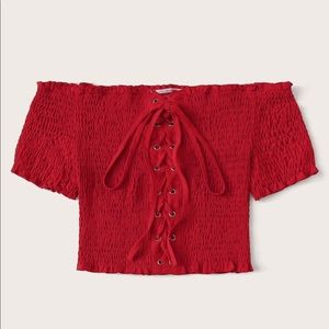 Lace Up Shirred Bardot Crop Top